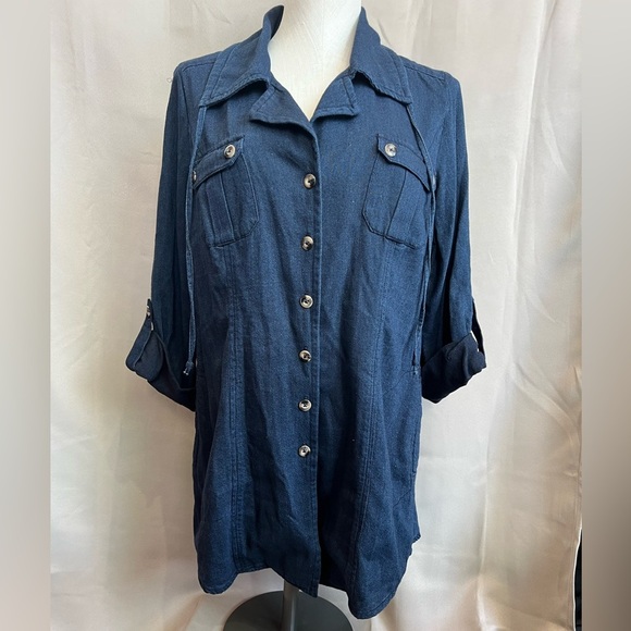 Cabi Blue Chambray Button Up Collar Drawstring Pockets Sleeve Tab - Picture 1 of 7